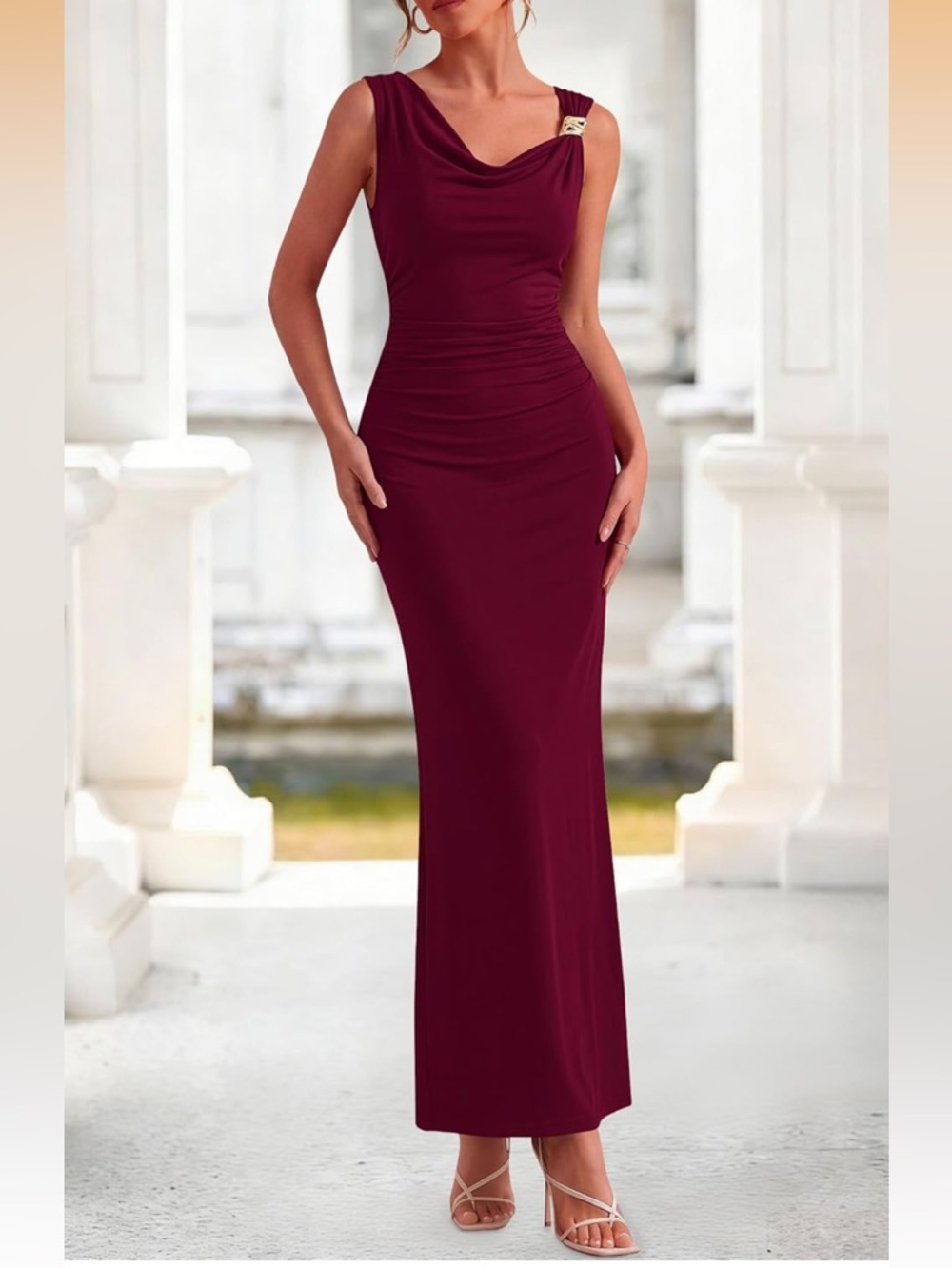NWT Burgundy Ruched Midi Dress Small Gold Hardware Elegant Wedding Guest